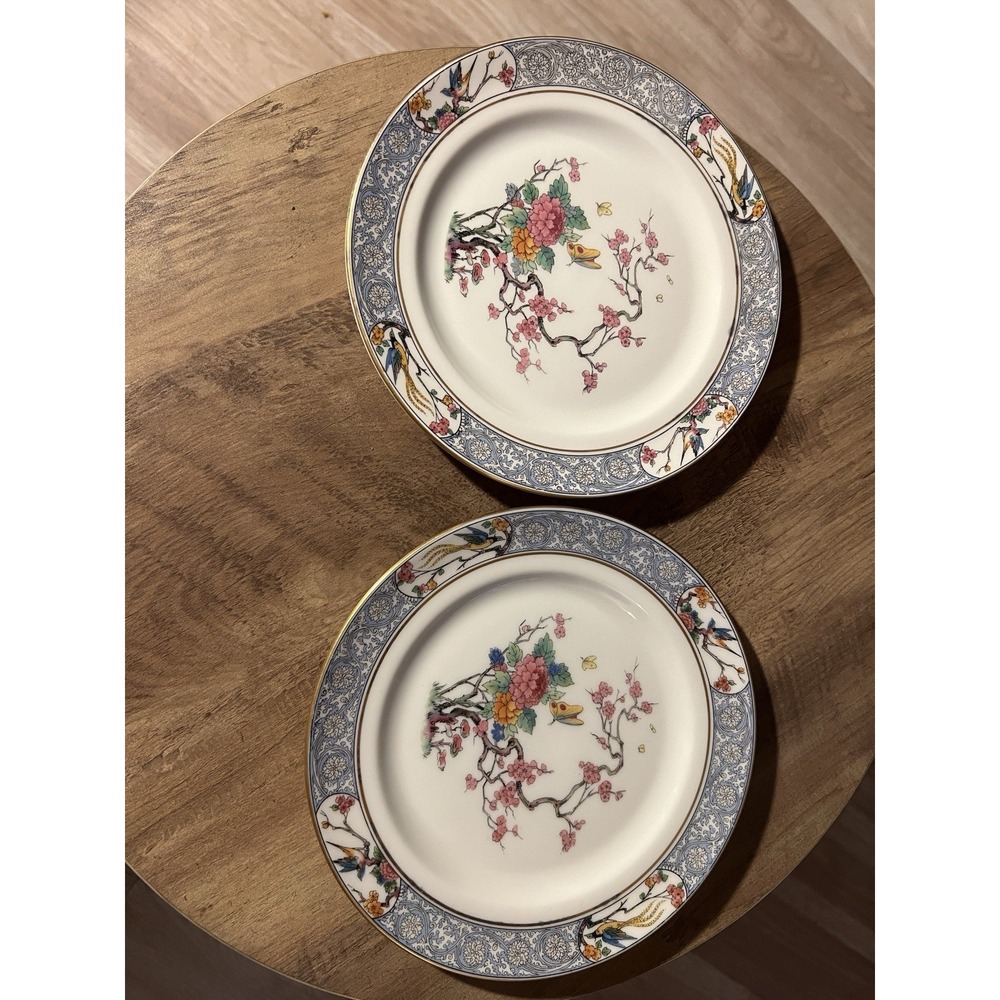 Lenox Ming Set of 2 Porcelain Desert/Salad Plates Blue Border Floral Bird Print